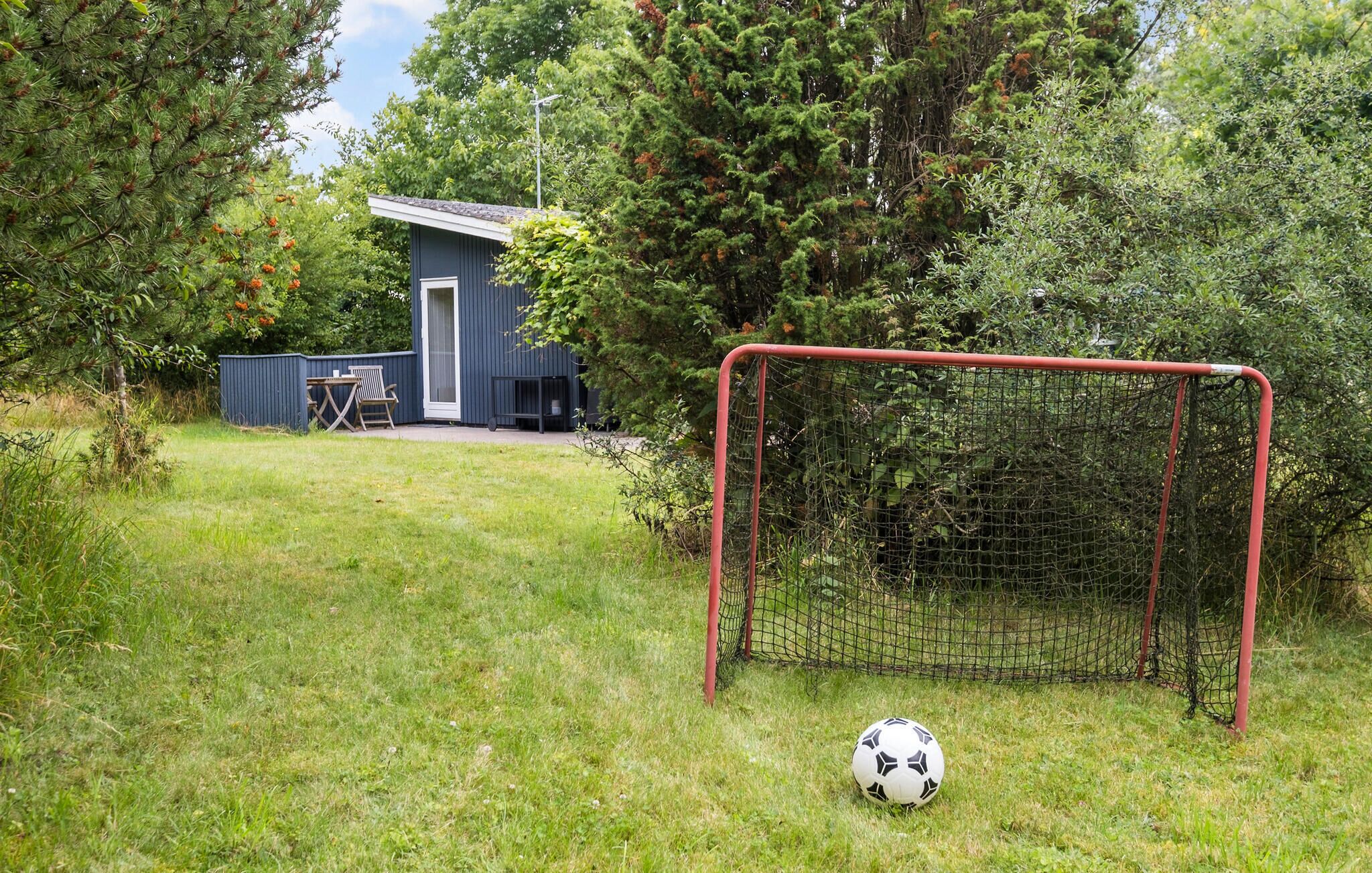Un but de football avec un ballon devant un abri de jardin et une table avec des chaises, le tout situé dans un espace herbeux.