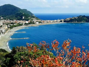 Une ville côtière offrant une vue dégagée sur la mer, avec une montagne en arrière-plan et une jetée s’avançant dans l’eau.