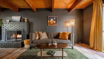 Smart TV, fireplace, books, music library