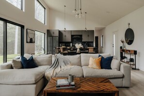 Smart TV, fireplace, books, music library