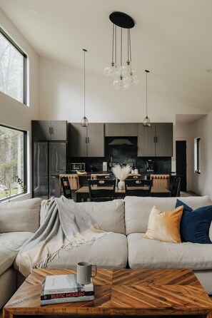 Smart TV, chimenea, libros, biblioteca de música