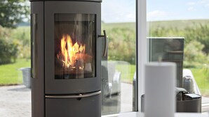 Una chimenea moderna con frente de vidrio, ubicada en un espacio con vista a un paisaje verde.