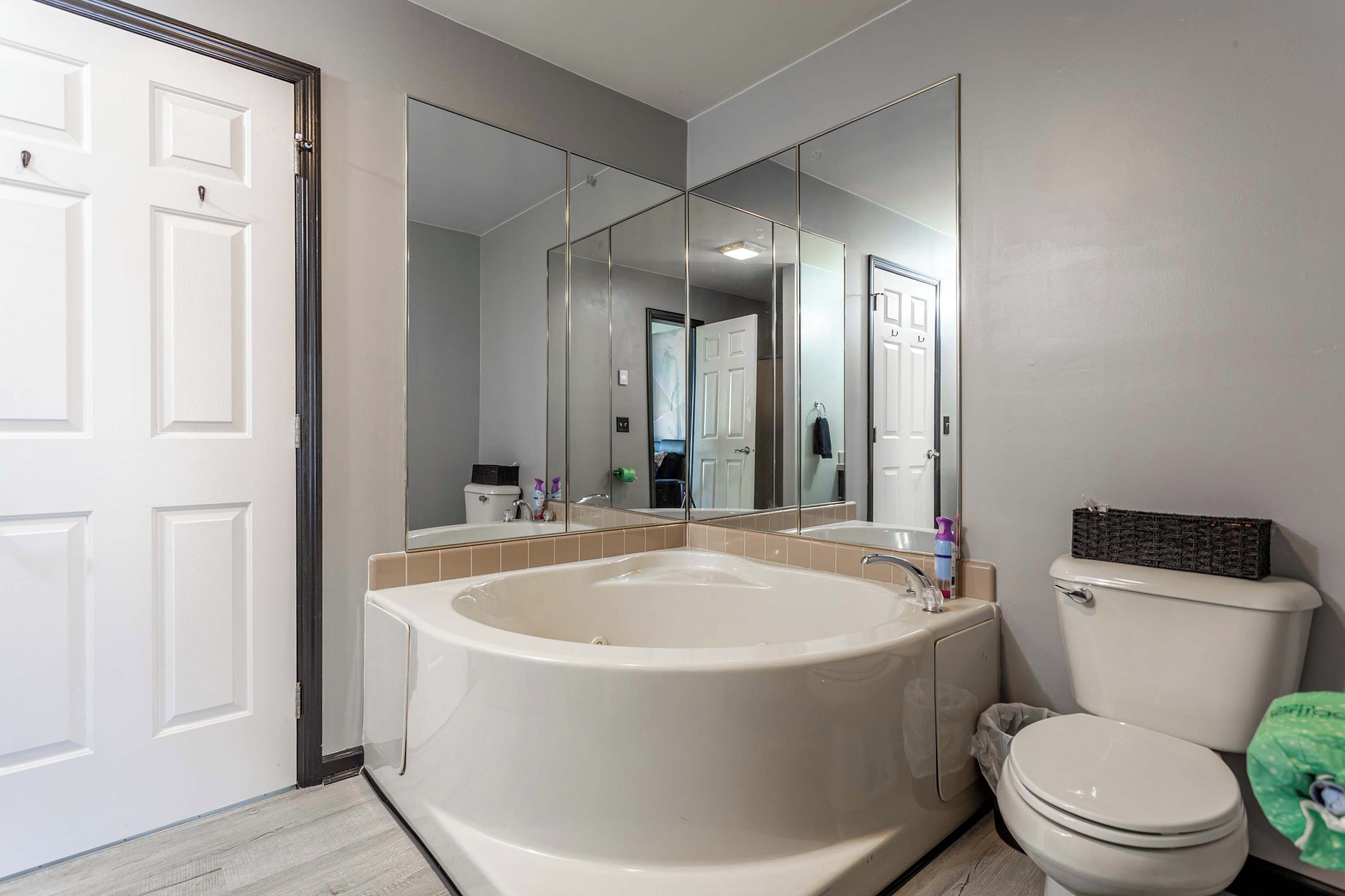 A bathroom with a large bathtub, a toilet, and a mirror.