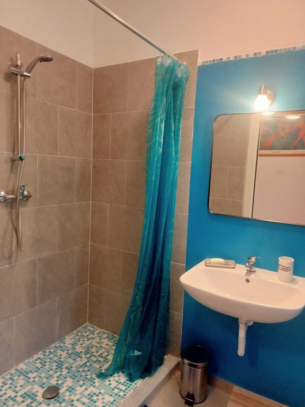 Hair dryer, towels, soap, toilet paper