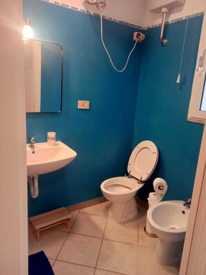 Hair dryer, towels, soap, toilet paper