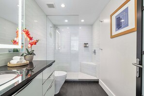 Shower, hair dryer, towels