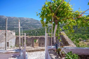 An ancient ruin with stone walls and a gate, surrounded by greenery and mountains in the background. - Villa Spirida at Drakopoulata (Kefalonia)