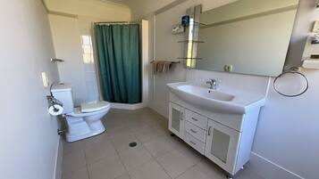 A bathroom with a toilet, sink, and shower curtain.