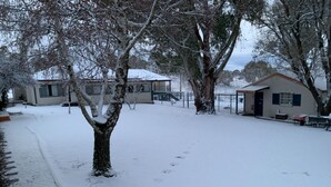A snowy outdoor area with a tree, a bench, and a building in the background. - san michele resort (Adaminaby)