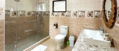 A bathroom with a glass shower enclosure, a toilet, a sink, and a framed picture on the wall.
