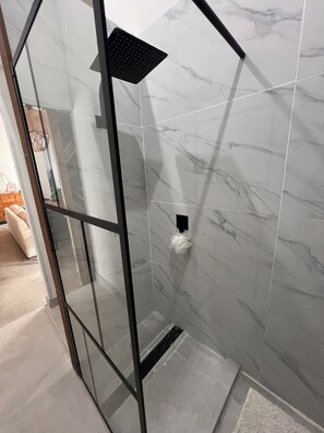 Shower, towels, soap, toilet paper