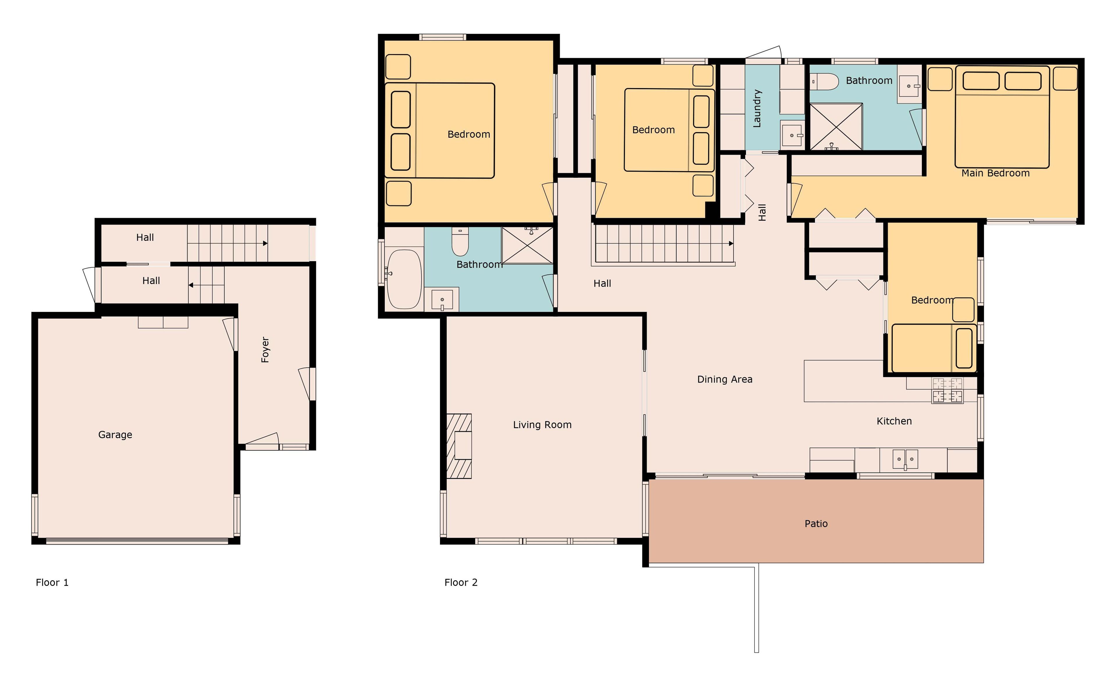 En planritning över ett hus med två våningar, inklusive ett garage, två sovrum, en matplats, ett kök, ett vardagsrum, ett badrum, en entréhall och en uteplats.
