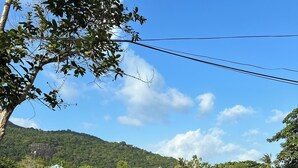 A calm lake with a wooden dock, surrounded by lush greenery and a mountain in the background. - MBAR HOSTEL HAAD RIN  (Ko Pha-ngan)