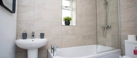 Shower, hair dryer, shampoo