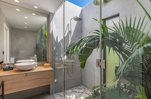 Shower, eco-friendly toiletries, hair dryer, towels