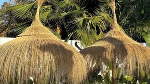 A poolside area with lounge chairs and thatched umbrellas. - Villa Peman Marbella Luxory Contemporany 5 Double Rooms Villa Close to the Beach (Marbella)