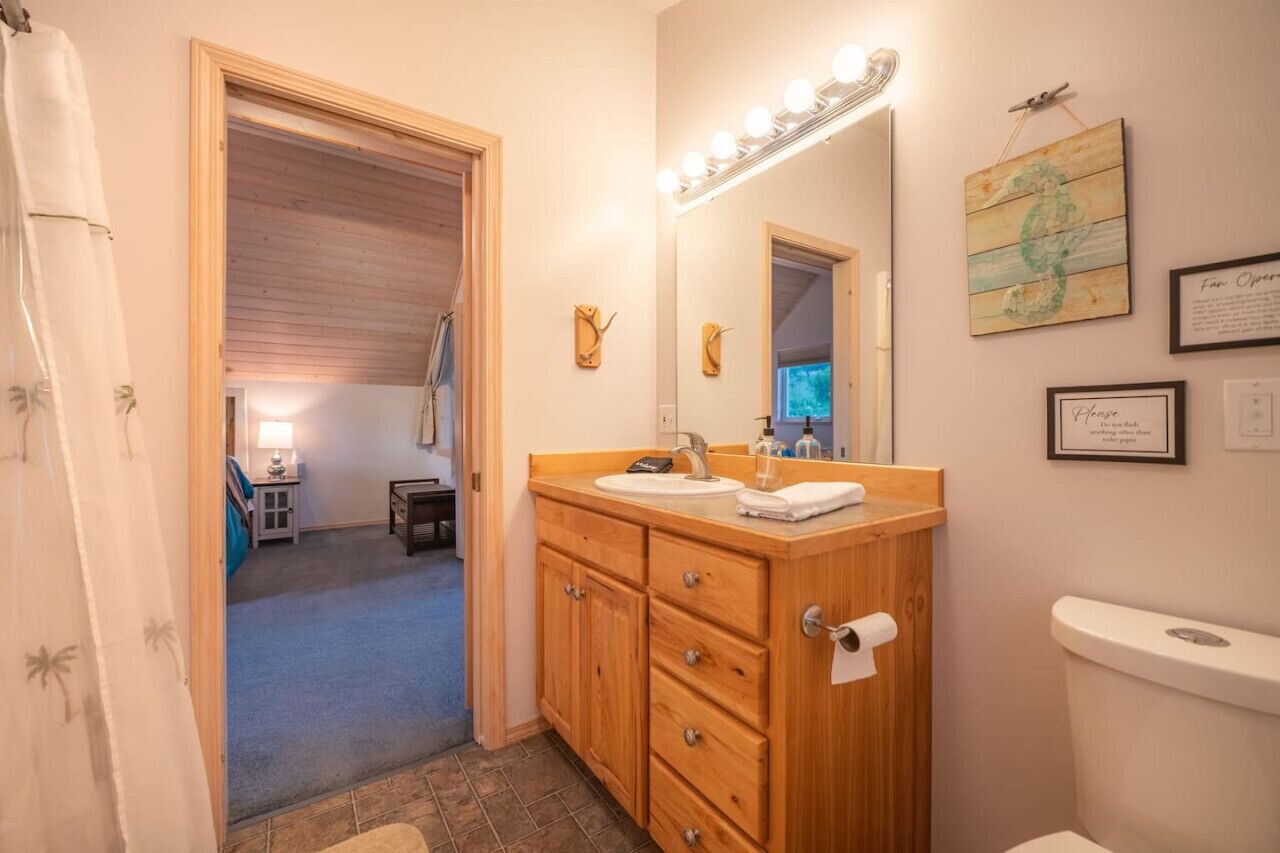 Une salle de bain avec des meubles en bois, un lavabo, un miroir avec éclairage, des toilettes et un rideau de douche.