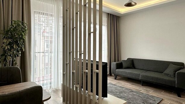 A modern living room with a sofa, a TV, a plant, and a partition. - Vista Living Apartments (Trabzon)