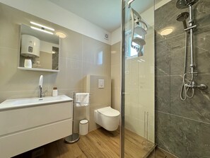 Shower, hair dryer, towels, soap