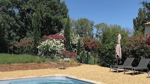 Une piscine rectangulaire à l’eau d’un bleu limpide, entourée de galets et bordée de carreaux.