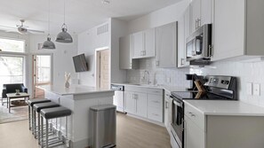 Fridge, dining tables
