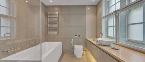 Shower, hair dryer, towels
