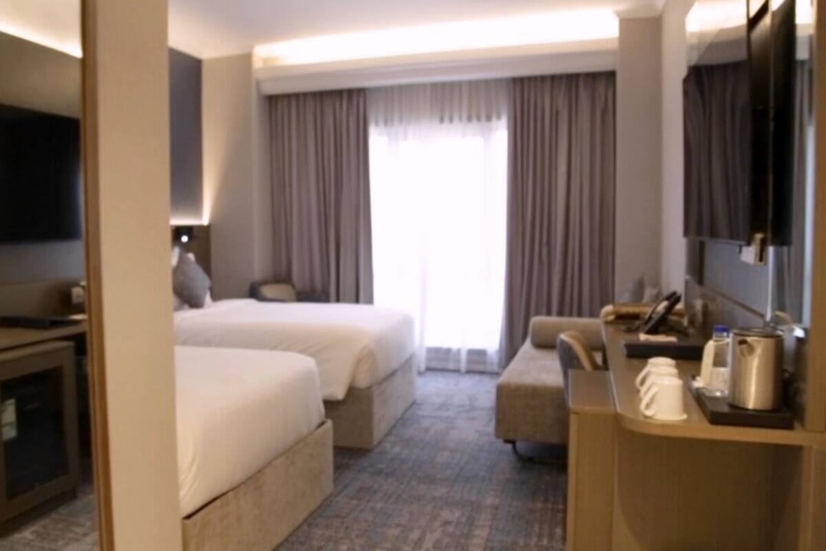 Quarto duplo, vista para a cidade | Cortinas blackout, quartos à prova de som, ferros/tábuas de passar roupa