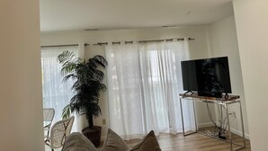 Un salón con televisor sobre un mueble bajo, una planta en maceta y una ventana con cortinas traslúcidas.