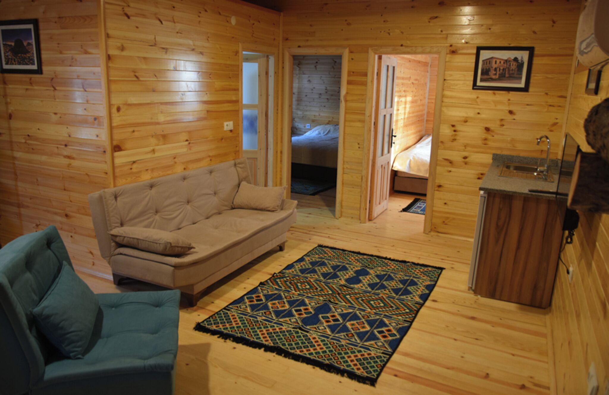 A cozy cabin interior with a sofa, a patterned rug, a bed, and a small kitchenette.
