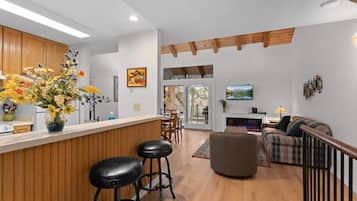 TV, fireplace, books