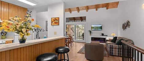 TV, fireplace, books