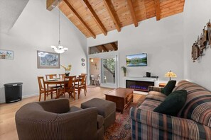 TV, fireplace, books