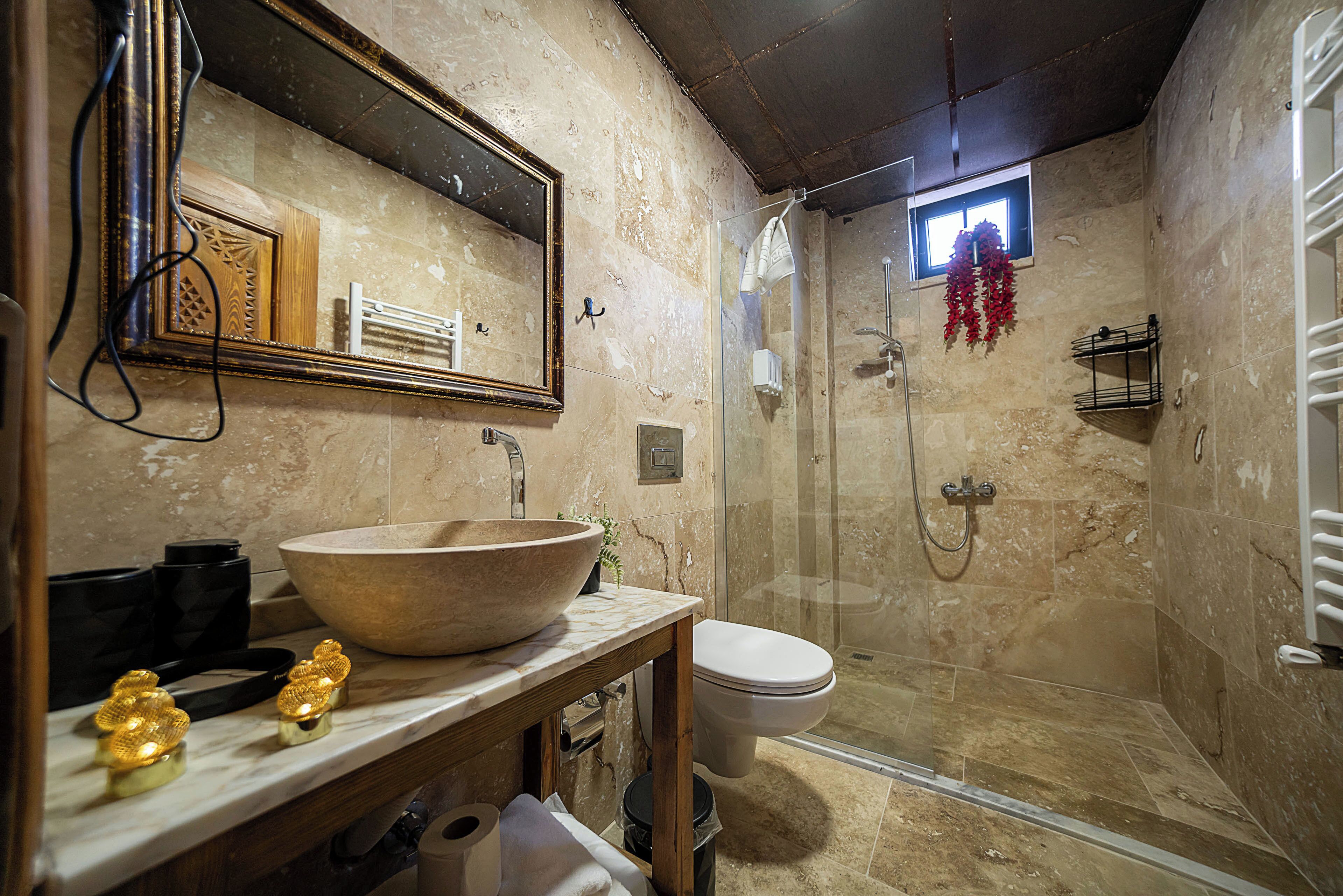 Une salle de bain avec un grand lavabo en forme de cuvette, des toilettes et une douche à parois de verre.