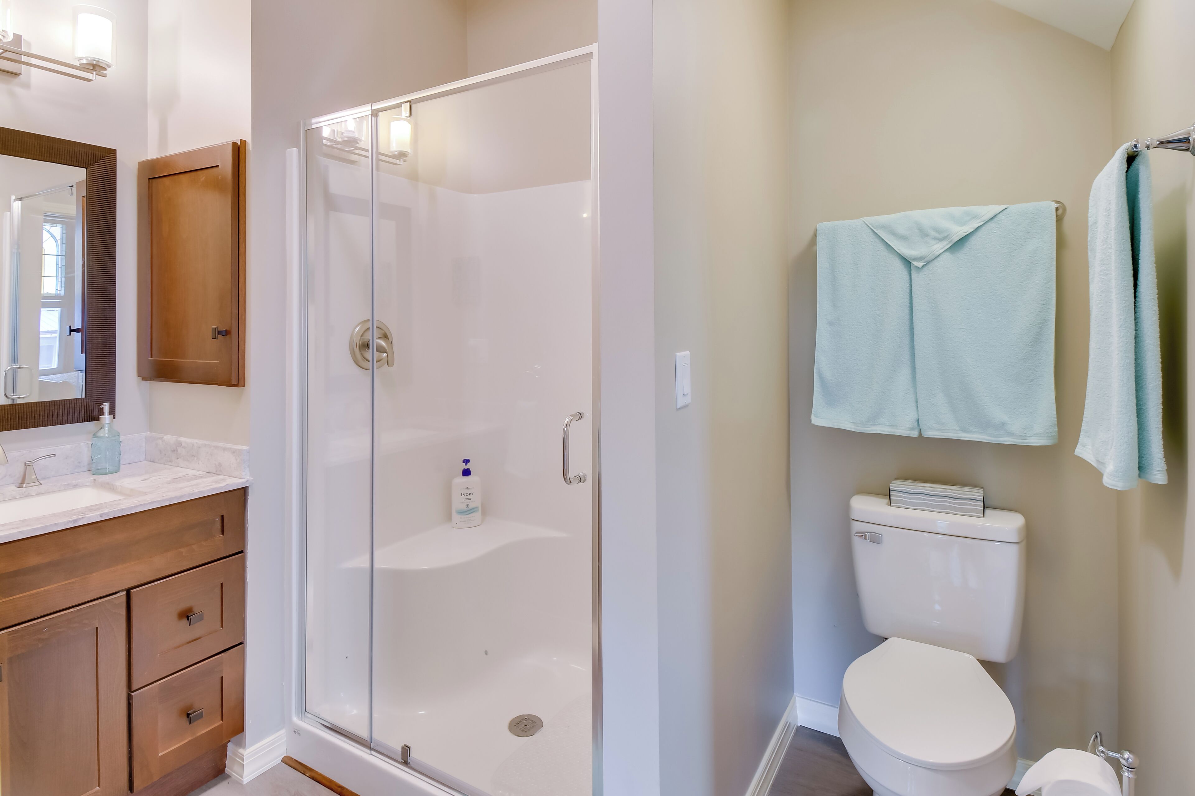 A bathroom with a glass-enclosed shower, a white toilet, and a wooden vanity with a mirror.