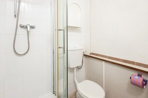 Une salle de bain équipée d’une douche, de toilettes et d’un distributeur de serviettes.