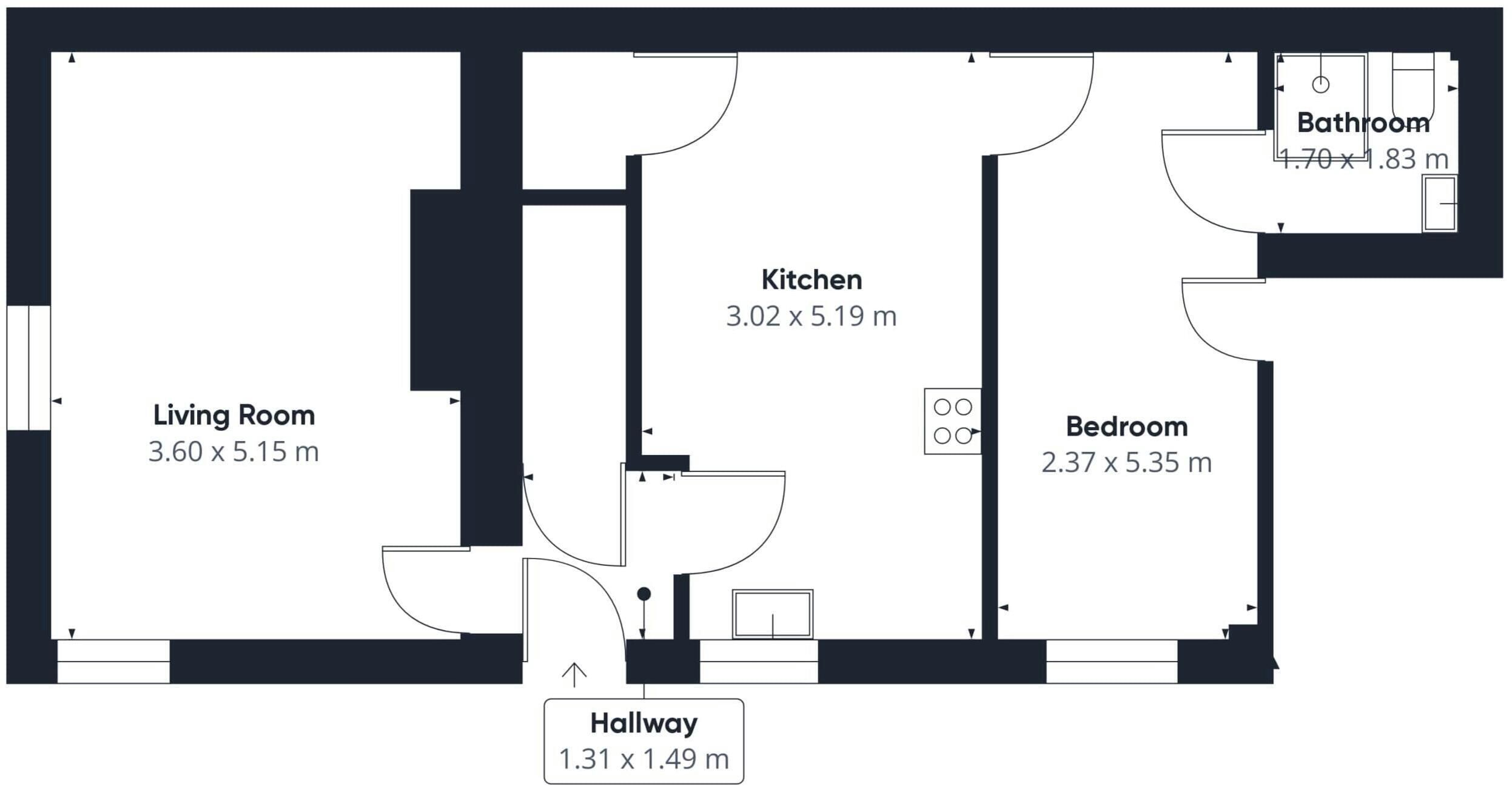 Planta baixa mostrando uma sala de estar, cozinha, quarto, banheiro e corredor.