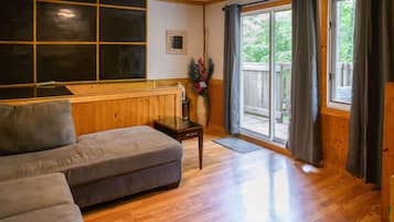 TV, fireplace, books, offices