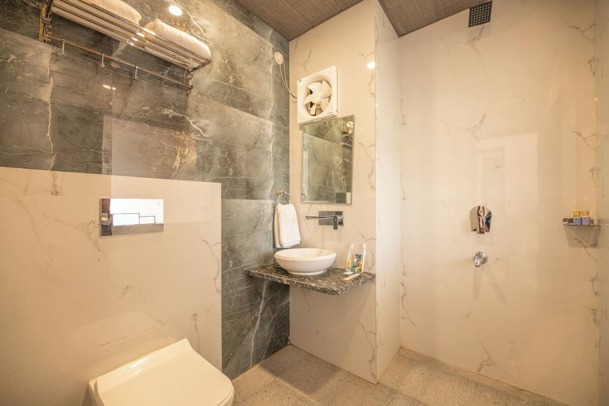 Deluxe kamer, 1 twee- of 2 eenpersoonsbedden, uitzicht op stad | Badkamer | Een douche, een regendouche, gratis toiletartikelen, badjassen