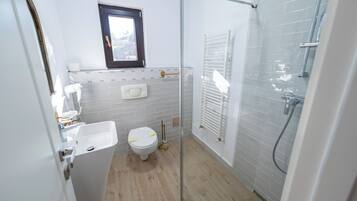 Une salle de bain moderne équipée de toilettes, d’un lavabo et d’une douche à parois de verre.