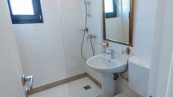 A bathroom with a shower, sink, toilet, and a mirror.