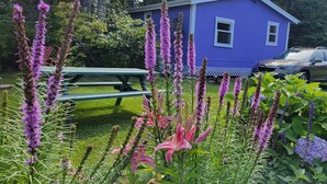 A house with a blue exterior, a picnic table, and a parked car in the yard. - Lyons Cottages - Cottage #5, 2BR Walk to the Beaches of Stanhope National Park! (Stanhope)