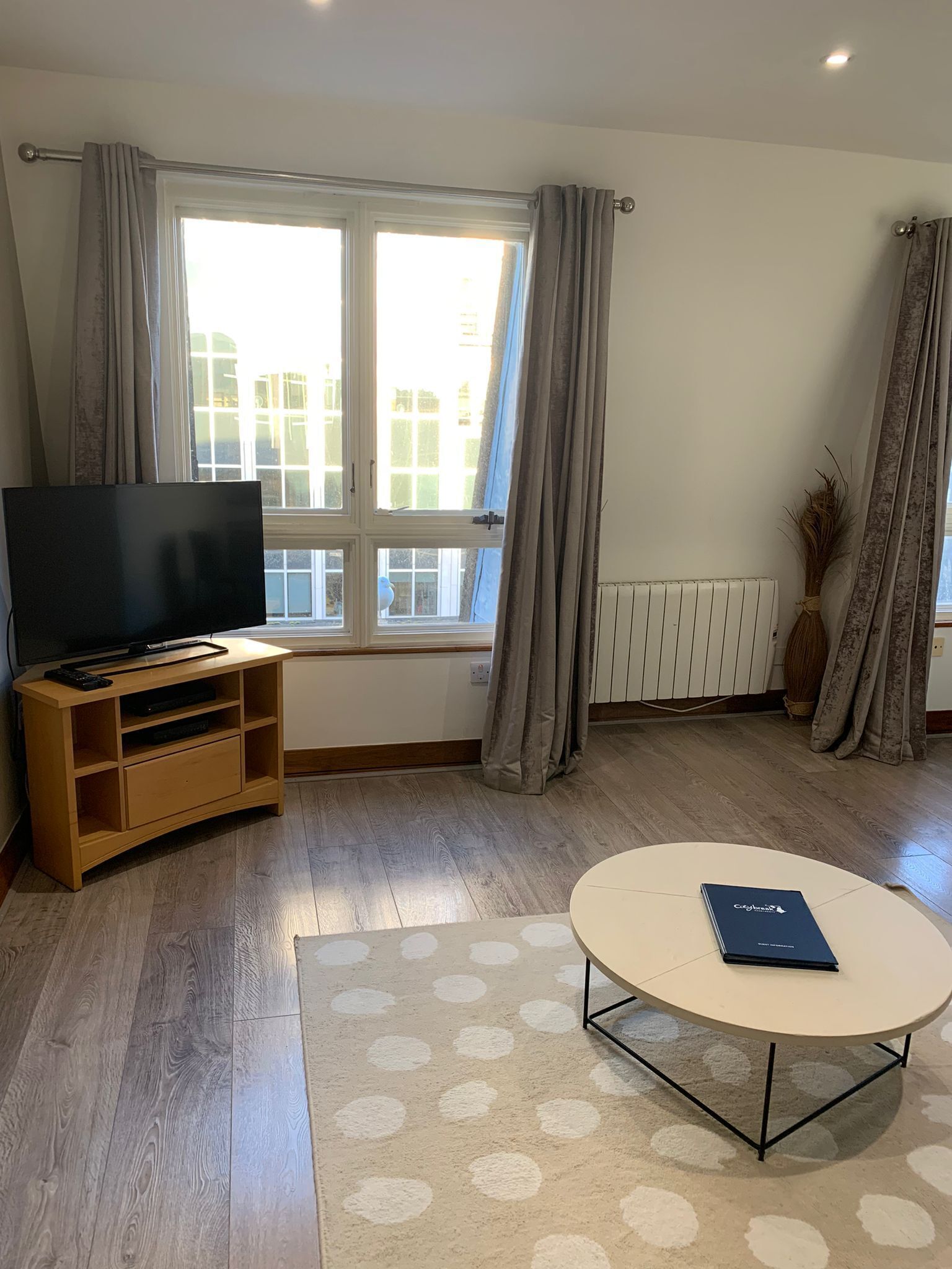 A living room with a flat-screen TV on a wooden TV stand, a round coffee table with a book, and a large window with curtains.