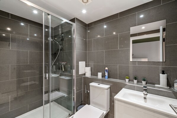 Shower, hair dryer, towels, soap