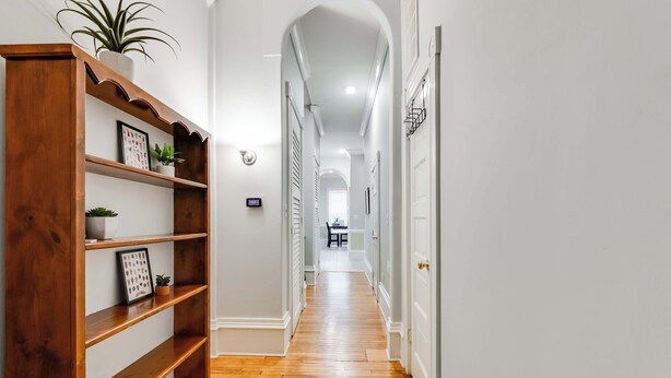 A hallway with wooden shelving, a potted plant, and a blue rug. - Charming 2-bedroom house with WiFi, AC, & Patio in the heart of Richmond! (Richmond)