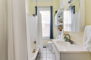 Hair dryer, towels, soap, shampoo