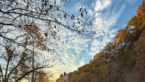 Un couple s’embrasse sur la rive rocheuse d’une rivière, avec des feuilles d’automne et des arbres en arrière-plan.