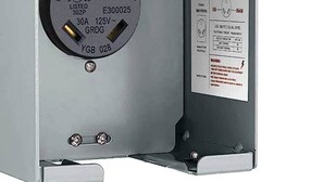 A metal electrical box with a label indicating it is for recreational vehicle use only, listing specifications like 30A 125V GRDG and YGB 028.