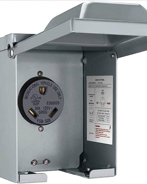 A metal electrical box with a label indicating it is for recreational vehicle use only, listing specifications like 30A 125V GRDG and YGB 028.