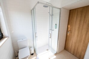 A bathroom with a glass-enclosed shower, a toilet, and a wooden door. - Mira D'Ouro Serta (Serta)