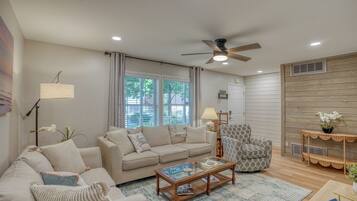 Smart TV, fireplace, books